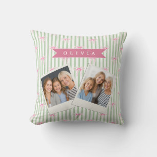 Personalized Pink Bow Green Stripe Coquette Preppy Throw Pillow