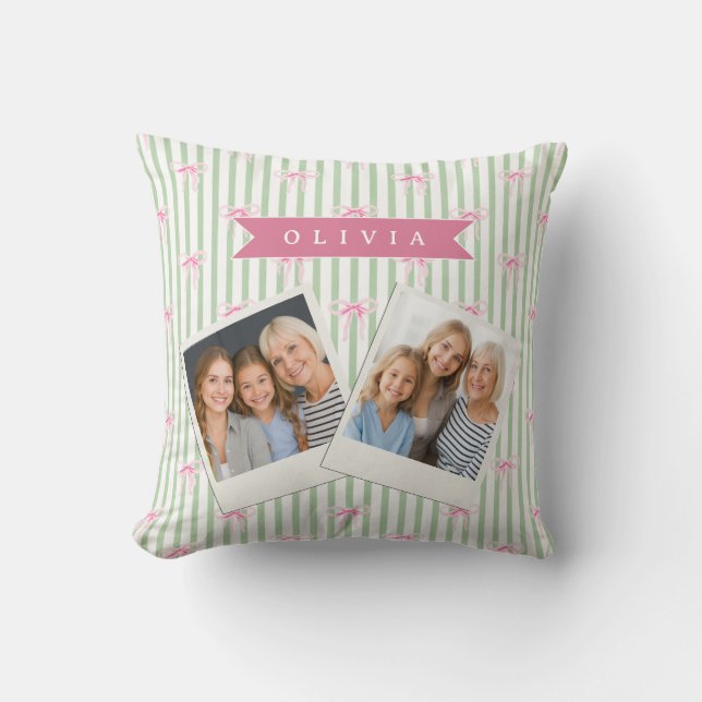 Personalized Pink Bow Green Stripe Coquette Preppy Throw Pillow (Front)