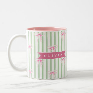 Personalized Pink Bow Green Stripe Coquette Preppy Two-Tone Coffee Mug