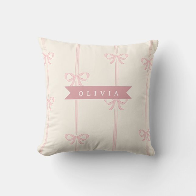 Personalized Pink Bow Name Gift Elegant Coquett Throw Pillow (Front)
