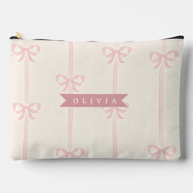 Personalized Pink Bow Name Gift Elegant Coquette Accessory Pouch (Front)