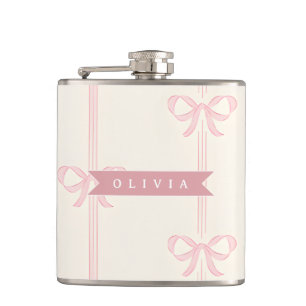 Personalized Pink Bow Name Gift Elegant Coquette Hip Flask