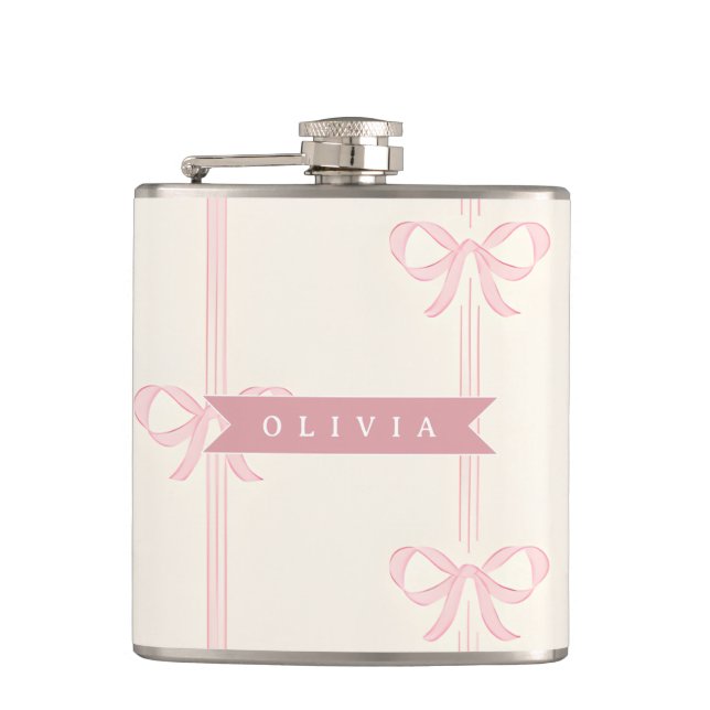 Personalized Pink Bow Name Gift Elegant Coquette Hip Flask (Front)