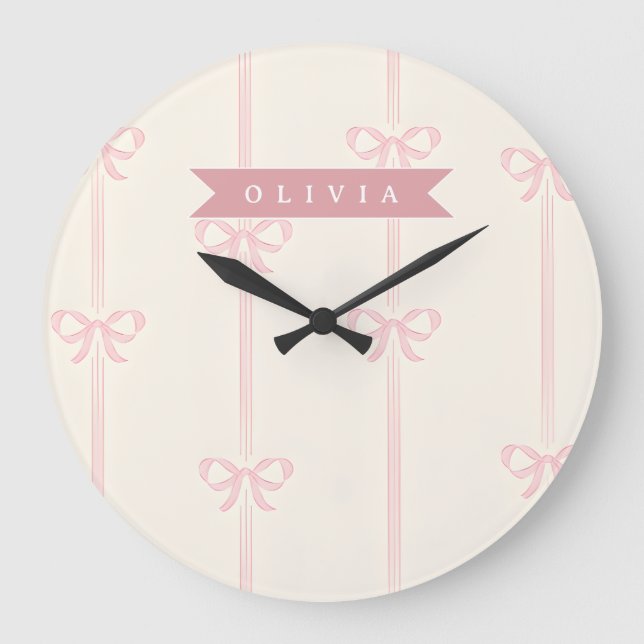 Personalized Pink Bow Name Gift Elegant Coquette Large Clock (Front)