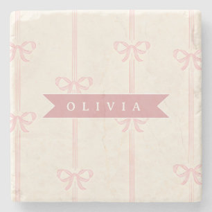 Personalized Pink Bow Name Gift Elegant Coquette Stone Coaster