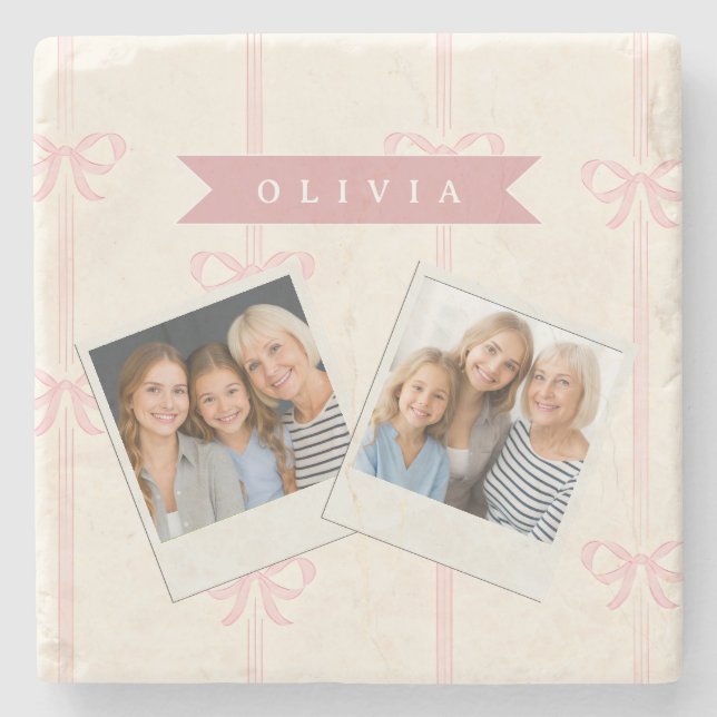 Personalized Pink Bow Name Gift Elegant Coquette Stone Coaster (Front)
