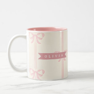 Personalized Pink Bow Name Gift Elegant Coquette Two-Tone Coffee Mug