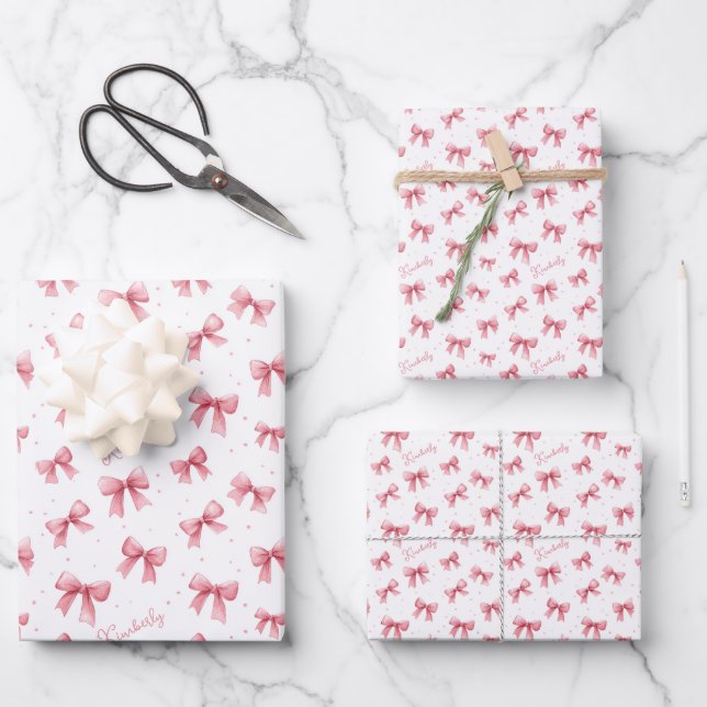 Personalized Pink Bow Name Wrapping Paper Sheet (Front)