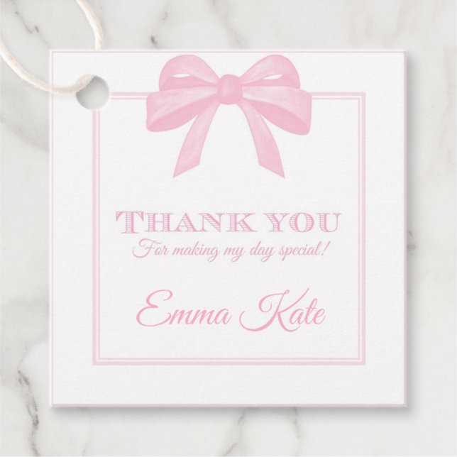 Personalized Pink Bow Party Favour Thank You Tag (Front)