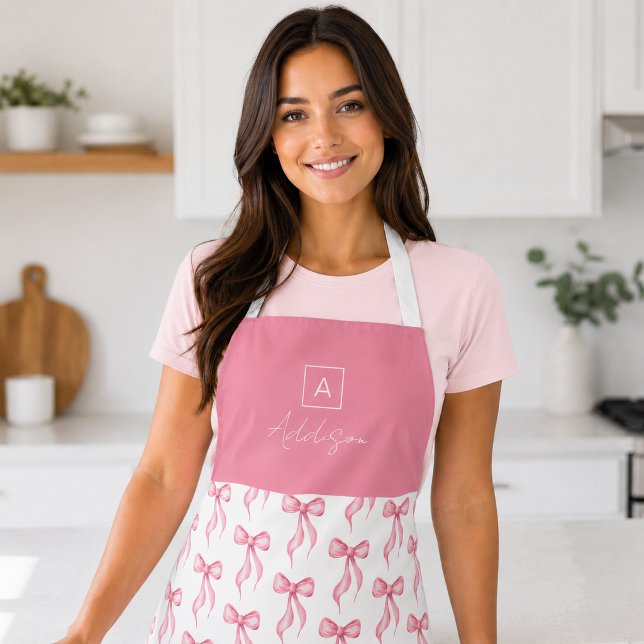 Personalized Pink Bow Pattern Monogram Apron (Creator Uploaded)