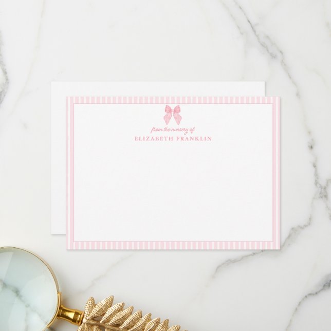 Personalized Pink Bow Stripe Baby Girl Stationery Thank You Card (Front/Back In Situ)
