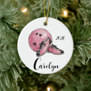 Personalized Pink Bowling Christmas Ceramic Ornament