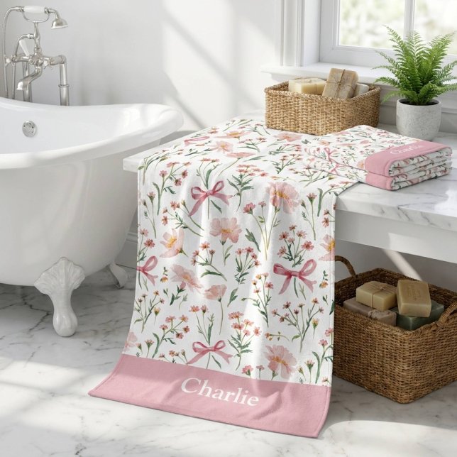 Personalized Pink Bows and Flowers Bath Towel (Creator Uploaded)