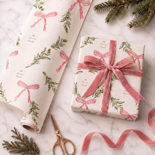 Personalized Pink Bows Greenery Preppy Christmas Wrapping Paper