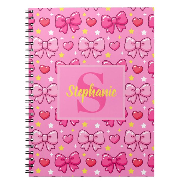 Personalized Pink Bows Hearts Stars Notebook (Front)