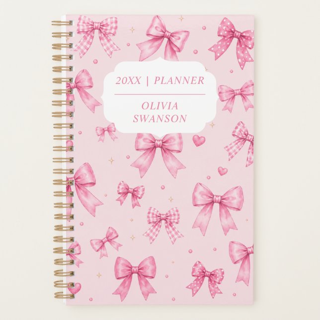 Personalized Pink Bows Preppy Custom Name Year Planner (Front)