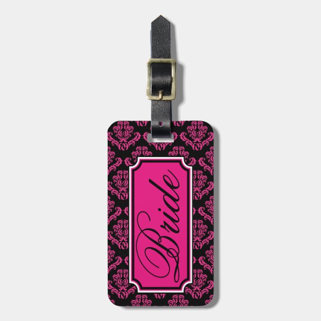 Personalized Pink Bride Damask Pattern Luggage Tag (Front Vertical)