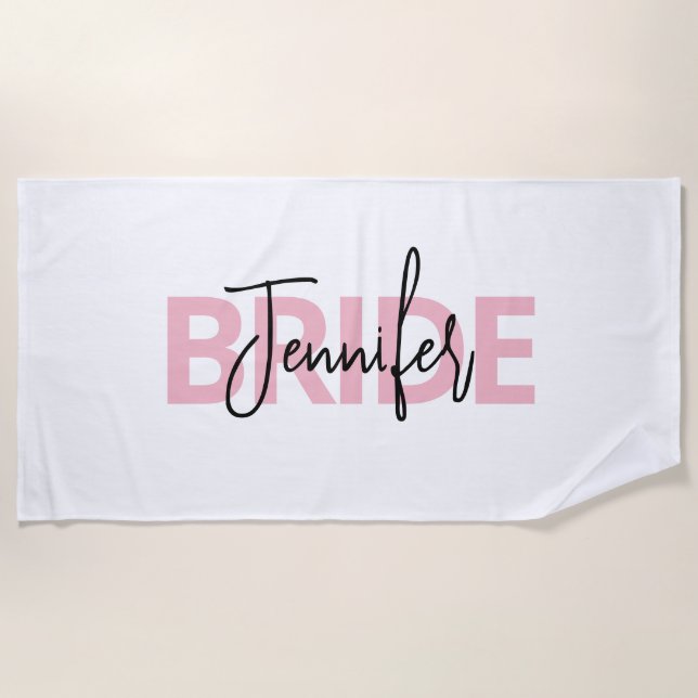 Personalized Pink Bride Typography Beach Towel (Front)
