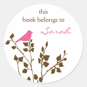 Personalized Pink Brown Girly Bird Book Stickers