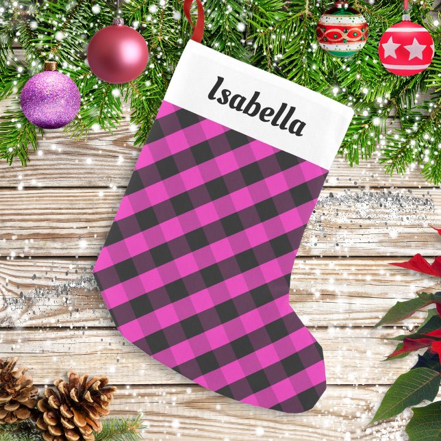 Personalized Pink Buffalo Plaid Check Rustic  Small Christmas Stocking (A Christmas stocking with pink and black buffalo plaid pattern. Personalize with a name at the top.)
