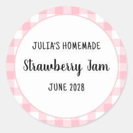 Personalized Pink Buffalo Plaid Strawberry Jam Classic Round Sticker