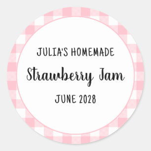 Personalized Pink Buffalo Plaid Strawberry Jam Classic Round Sticker