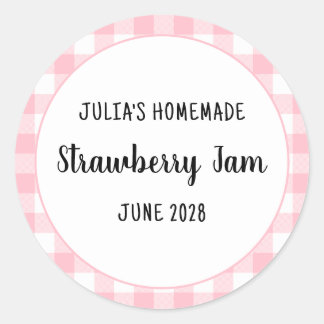 Personalized Pink Buffalo Plaid Strawberry Jam Classic Round Sticker