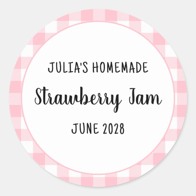 Personalized Pink Buffalo Plaid Strawberry Jam Classic Round Sticker (Front)