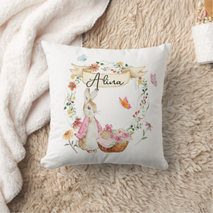 Personalized Pink Bunny Easter Watercolor Throw Pillow