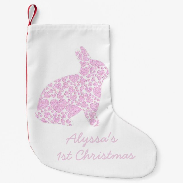 Personalized Pink Bunny First Christmas Stocking (Front)
