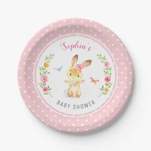 Personalized Pink Bunny Girl Baby Shower Sprinkle Paper Plate (Front)