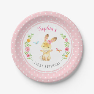 Personalized Pink Bunny Girl First Birthday Party Paper Plate
