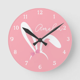 Personalized Pink Bunny Nursery Wall Clock Cute