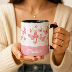 Personalized Pink Butterfly Watercolor Custom Name Mug
