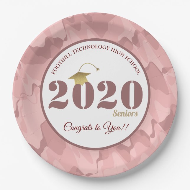 Personalized Pink Camouflage Pattern Graduation Paper Plate (Front)