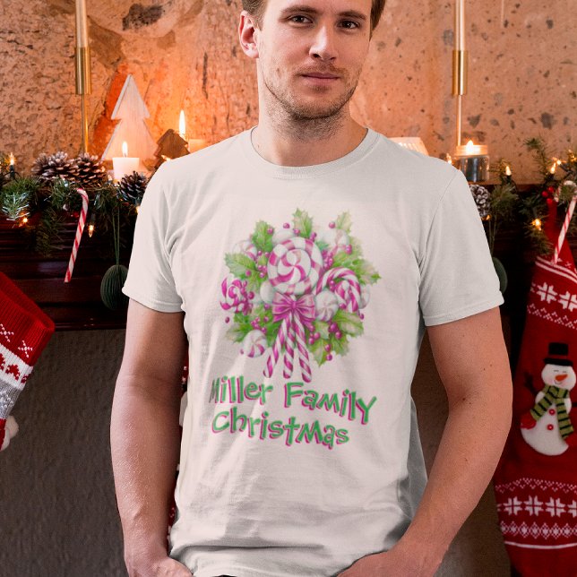 Personalized Pink Candy Cane Family Christmas  T-Shirt (Personalize with your family name!)