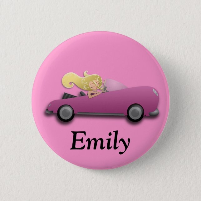 Personalized Pink Car and Girl Button (Front)