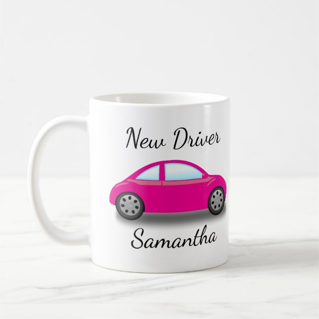 Personalized Pink Car New Driver's License Coffee Mug (Left)
