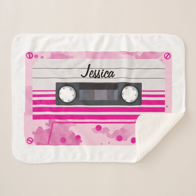 Personalized Pink Cassette Tape with Watercolor Sherpa Blanket (Front (Horizontal))