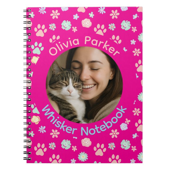 Personalized Pink Cat Photo & Name Spiral Notebook (Front)