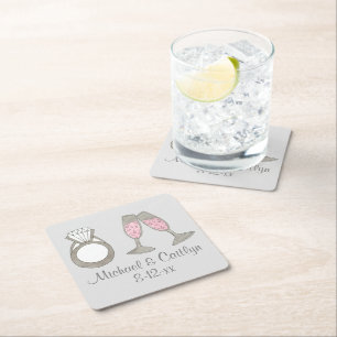 Personalized Pink Champagne Diamond Wedding Ring Square Paper Coaster