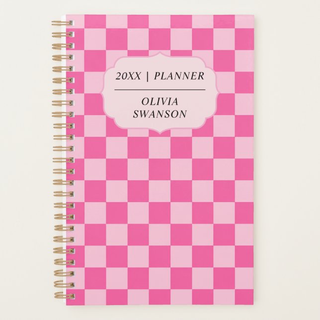 Personalized Pink Chequerboard Preppy Custom Name Planner (Front)