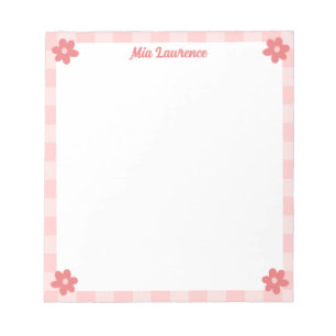 Personalized Pink Chequered Border Retro Flowers  Notepad