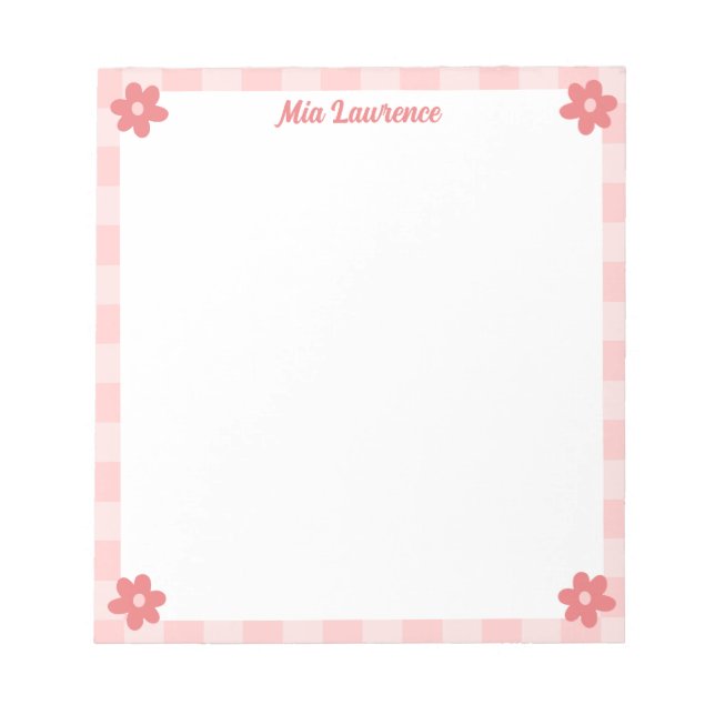 Personalized Pink Chequered Border Retro Flowers  Notepad (Front)