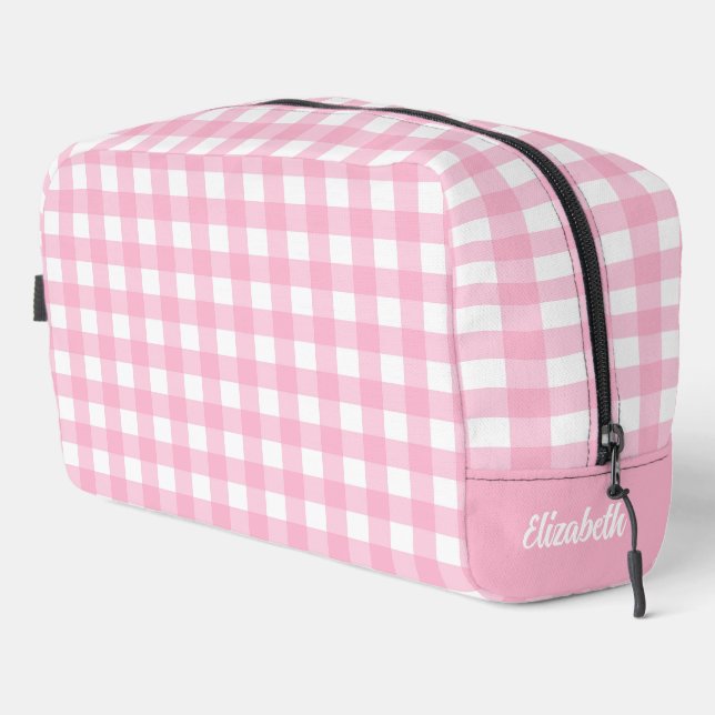 Personalized Pink Chequered Plaid Dopp Kit (Right Corner)