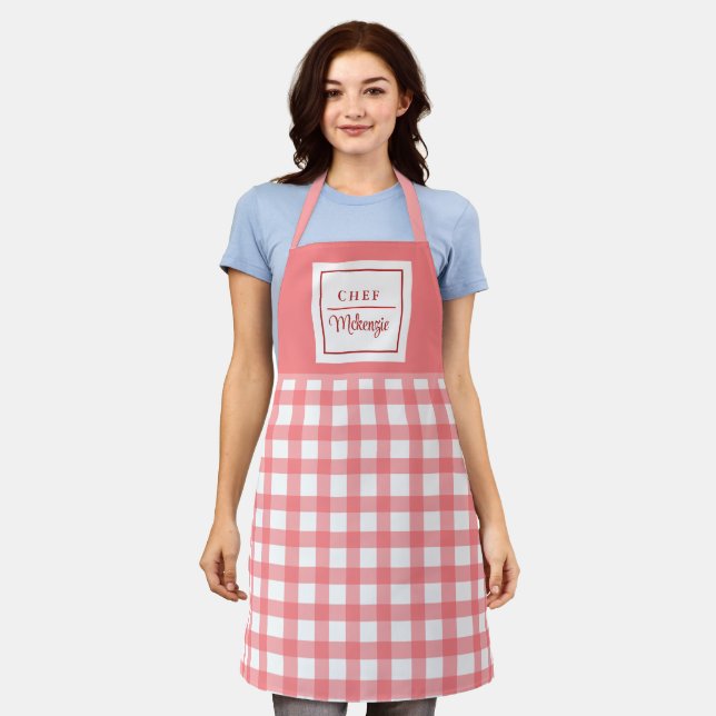Personalized Pink Chequered Women's Apron (Worn)