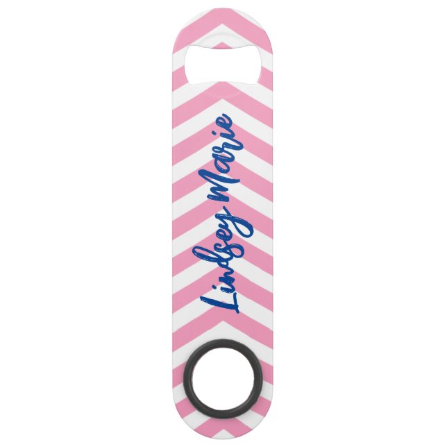 PERSONALIZED PINK CHEVRON BOTTLE OPENER BAR KEY (Front)