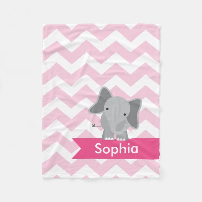 Personalized Pink Chevron Elephant Fleece Blanket (Front)