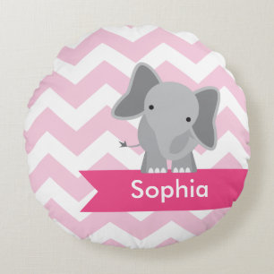Personalized Pink Chevron Elephant Round Pillow
