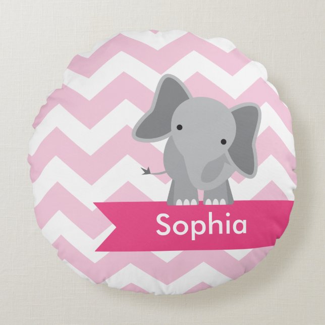 Personalized Pink Chevron Elephant Round Pillow (Front)